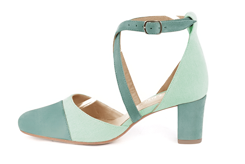 Mint green women's open side shoes, with crossed straps. Round toe. Medium block heels. Profile view - Florence KOOIJMAN